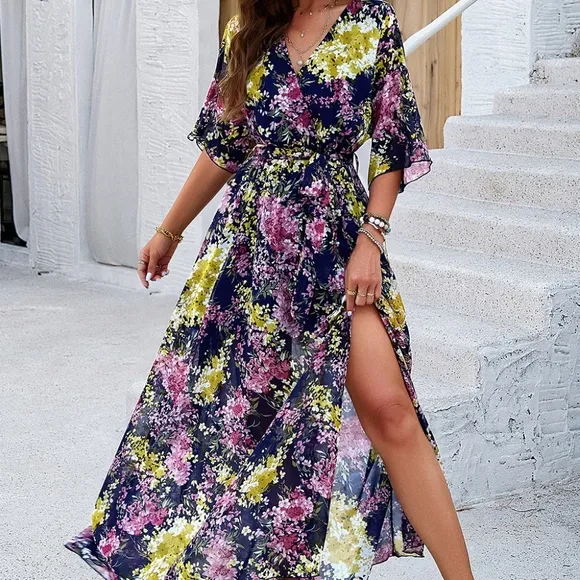 Blue Printed Half Slit Dress