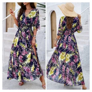 Blue Printed Half Slit Dress