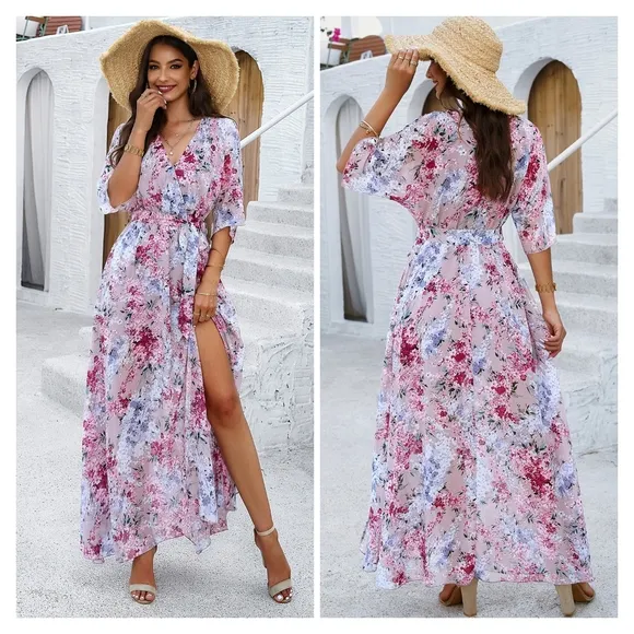 Blue Printed Half Slit Dress
