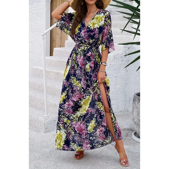 Blue Printed Half Slit Dress