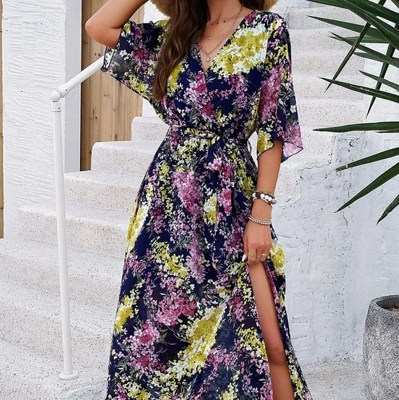 Blue Printed Half Slit Dress