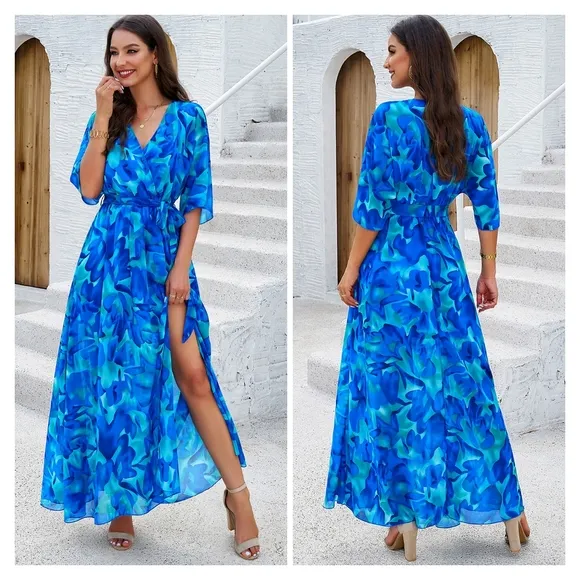 Blue Printed Half Slit Dress