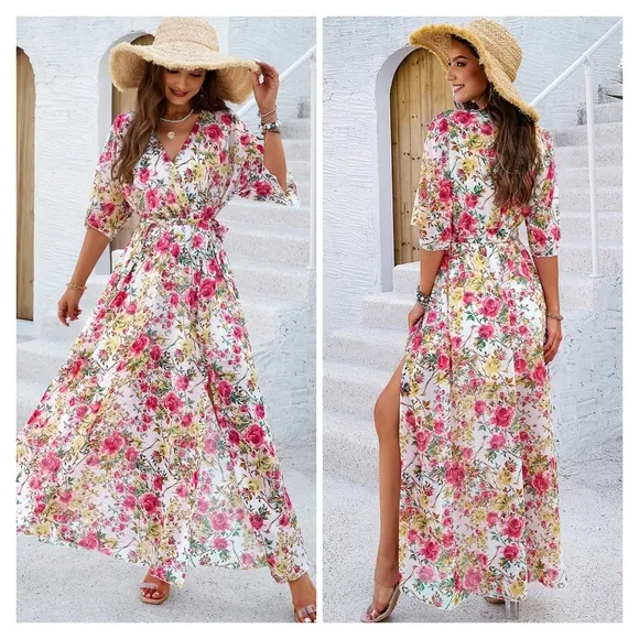Blue Printed Half Slit Dress