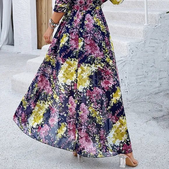 Blue Printed Half Slit Dress