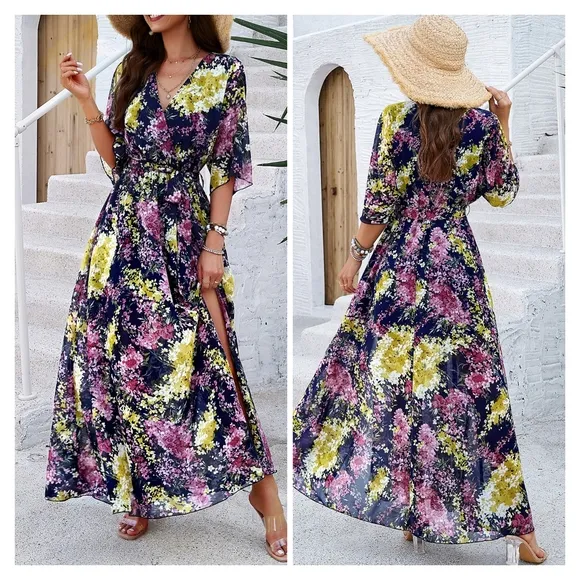 Blue Printed Half Slit Dress
