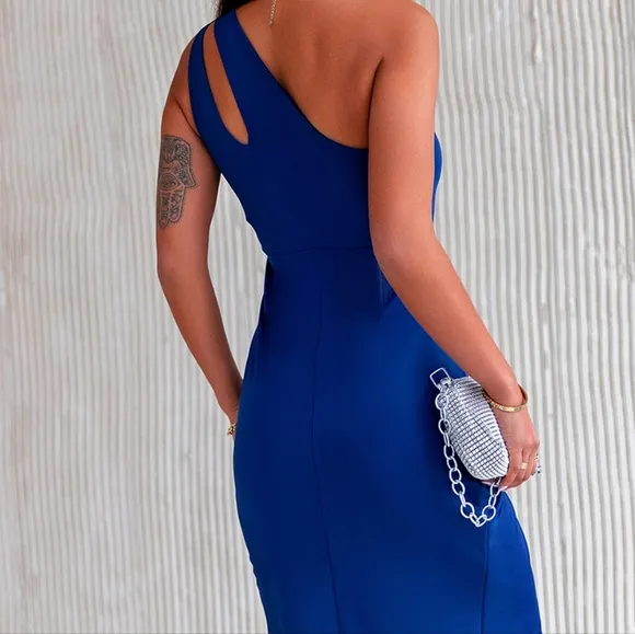 Blue Ruched Cutout Single Shoulder Dress