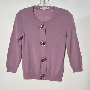 BODEN Wool Lilac Jewel Snap 3/4 SLV Knit Cardigan Sweater SZ 4