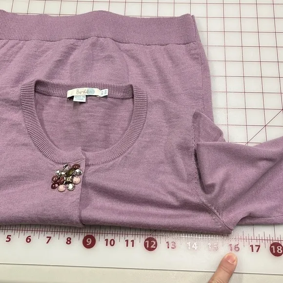 BODEN Wool Lilac Jewel Snap 3/4 SLV Knit Cardigan Sweater SZ 4
