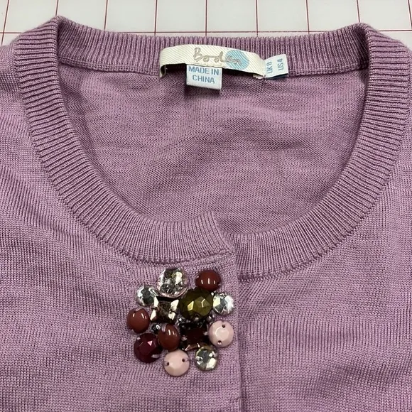 BODEN Wool Lilac Jewel Snap 3/4 SLV Knit Cardigan Sweater SZ 4