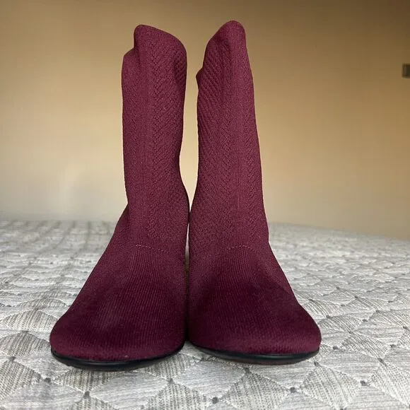 Born Meggs Too Knit Burgundy Fabric Sock Bootie Block Heel Women’s 9 M