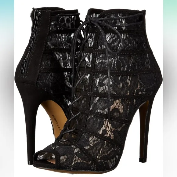 🖤Brand New Chinese Laundry Black Lace up floral lace peep toe stiletto booties🖤