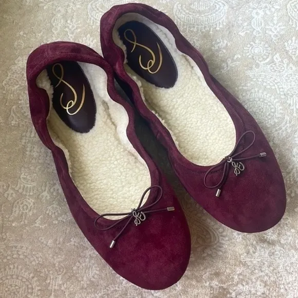 Brand New SAM EDELMAN Felicia Genuine Suede Bow Ballet Flats Burgundy Loafers