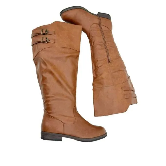 BRINLEY CO.Wide-Calf Knee-High Double-Buckle Riding Faux Leather Boots Size 8