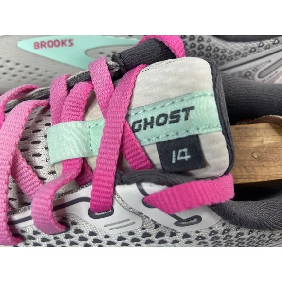 Brooks Shoes Women 10 Ghost 14 Gray Pink Yucca Running Athletic Sneakers Walk