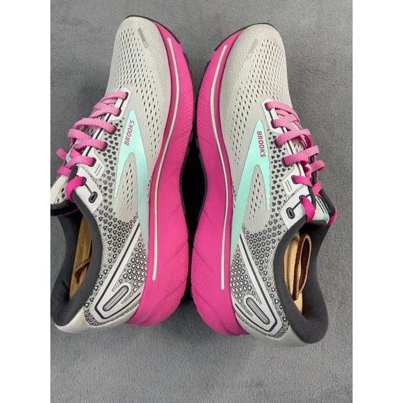Brooks Shoes Women 10 Ghost 14 Gray Pink Yucca Running Athletic Sneakers Walk