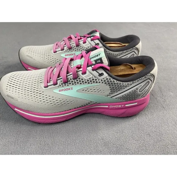 Brooks Shoes Women 10 Ghost 14 Gray Pink Yucca Running Athletic Sneakers Walk