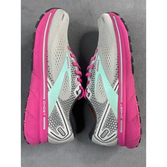 Brooks Shoes Women 10 Ghost 14 Gray Pink Yucca Running Athletic Sneakers Walk