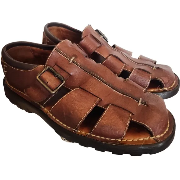 Brown Bison Leather Fisherman Sandals with Adjustable Buckle