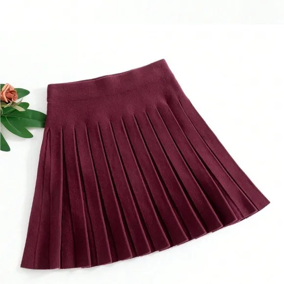 Burgundy / gray / brown knit sweater pleated mini skirt