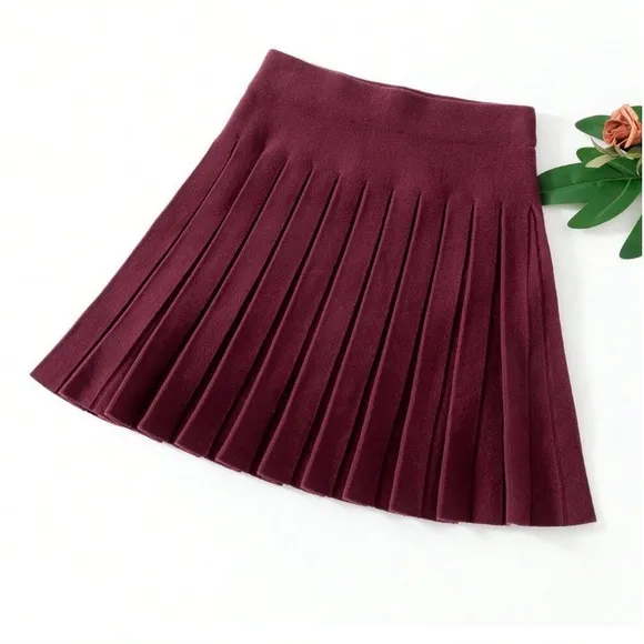 Burgundy / gray / brown knit sweater pleated mini skirt