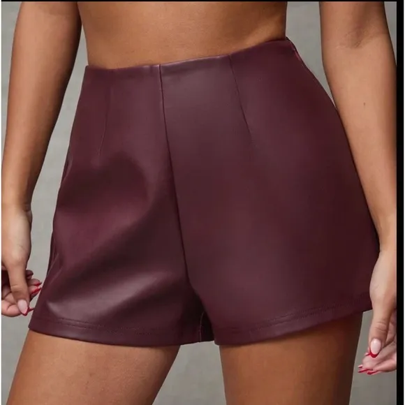 Burgundy maroon faux leather mini shorts