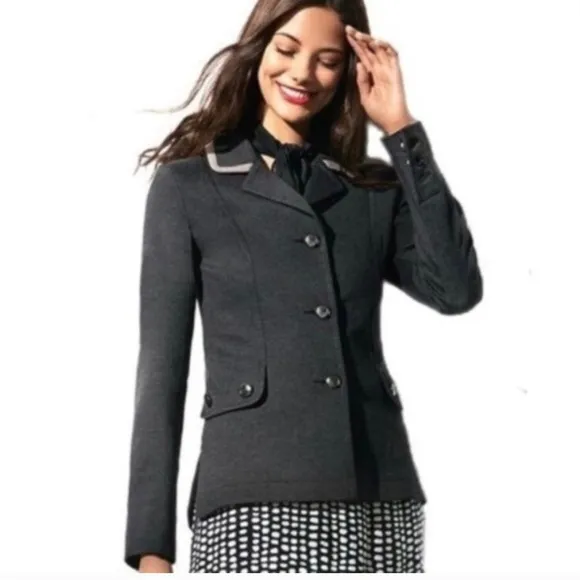 CABI Charcoal Grey Ponte Knit Three Button Crew Blazer Jacket SZ M