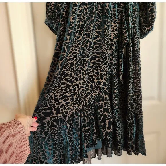 Calvin Klein Malachite Green Velvet Burnout Animal Print Faux Wrap Ruffle Dress