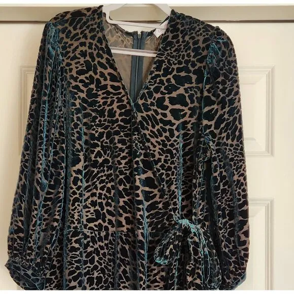 Calvin Klein Malachite Green Velvet Burnout Animal Print Faux Wrap Ruffle Dress