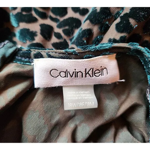 Calvin Klein Malachite Green Velvet Burnout Animal Print Faux Wrap Ruffle Dress