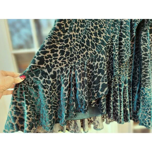 Calvin Klein Malachite Green Velvet Burnout Animal Print Faux Wrap Ruffle Dress