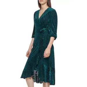 Calvin Klein Malachite Green Velvet Burnout Animal Print Faux Wrap Ruffle Dress
