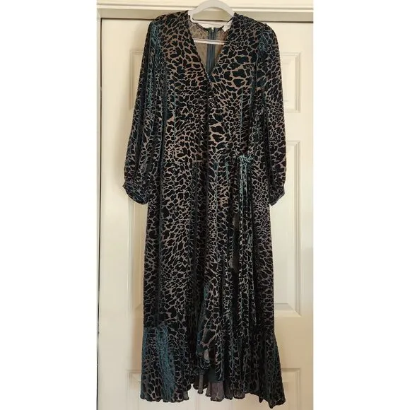 Calvin Klein Malachite Green Velvet Burnout Animal Print Faux Wrap Ruffle Dress
