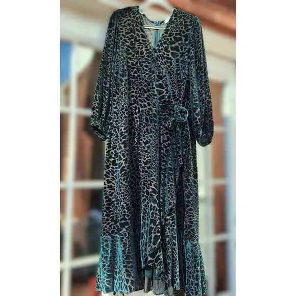 Calvin Klein Malachite Green Velvet Burnout Animal Print Faux Wrap Ruffle Dress