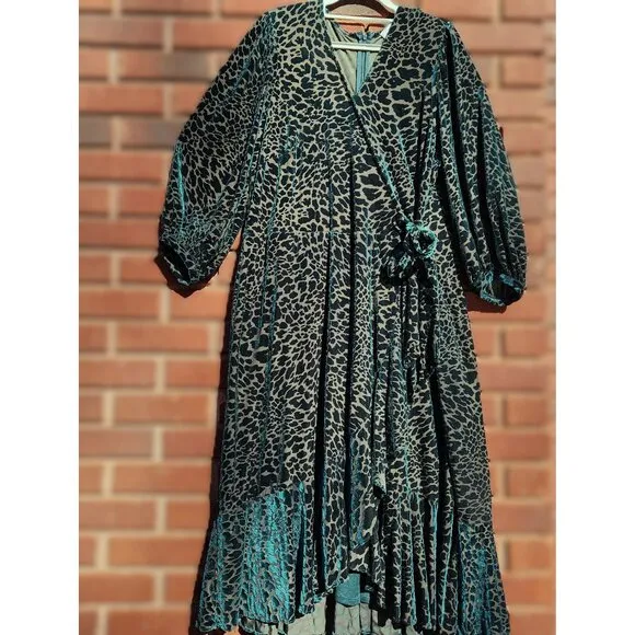 Calvin Klein Malachite Green Velvet Burnout Animal Print Faux Wrap Ruffle Dress