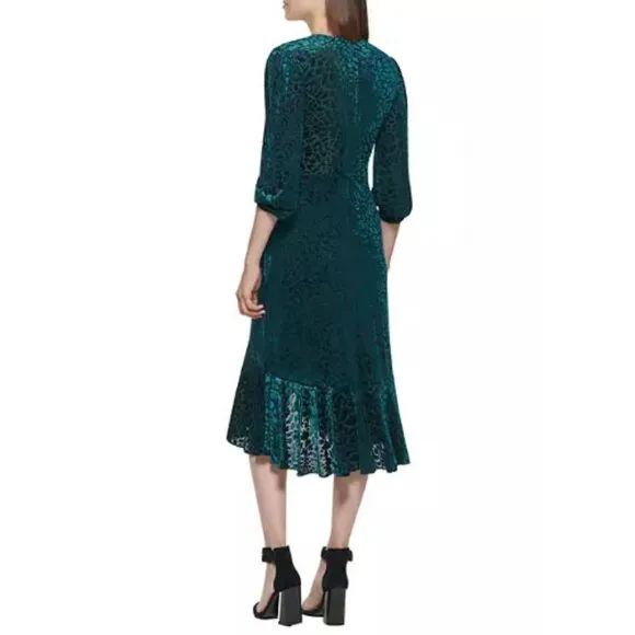 Calvin Klein Malachite Green Velvet Burnout Animal Print Faux Wrap Ruffle Dress