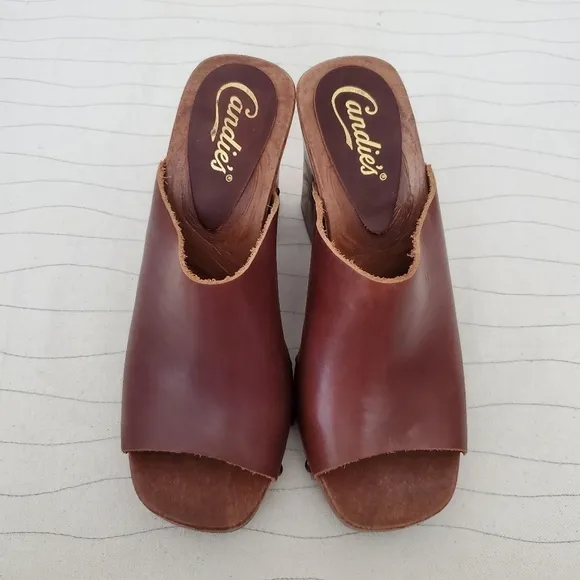 Candies Womens Original Wedge Sandals Heels Slides Brown Leather Size 8