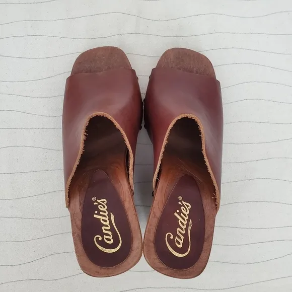 Candies Womens Original Wedge Sandals Heels Slides Brown Leather Size 8