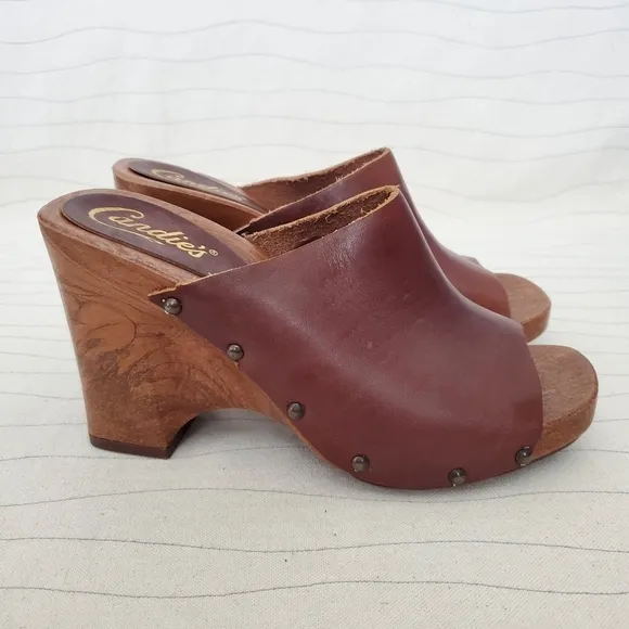 Candies Womens Original Wedge Sandals Heels Slides Brown Leather Size 8