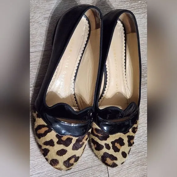CHARLOTTE OLYMPIA Bisoux Leopard Print Fur &amp; Patent Leather Flats 35 EU