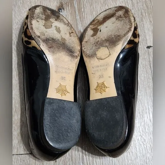 CHARLOTTE OLYMPIA Bisoux Leopard Print Fur &amp; Patent Leather Flats 35 EU