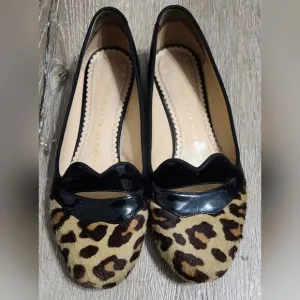 CHARLOTTE OLYMPIA Bisoux Leopard Print Fur &amp; Patent Leather Flats 35 EU