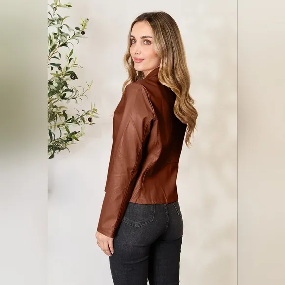 Chic Moto Vegan Leather Jacket Zip-up Sleek Snap Mock Neck Lightweight Camel