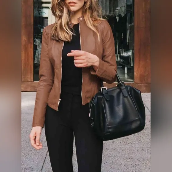 Chic Moto Vegan Leather Jacket Zip-up Sleek Snap Mock Neck Lightweight Camel