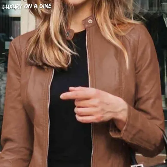 Chic Moto Vegan Leather Jacket Zip-up Sleek Snap Mock Neck Lightweight Camel