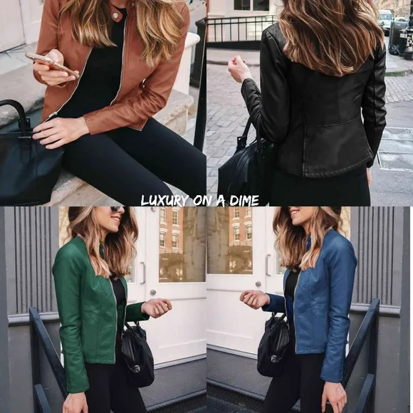 Chic Moto Vegan Leather Jacket Zip-up Sleek Snap Mock Neck Lightweight Camel