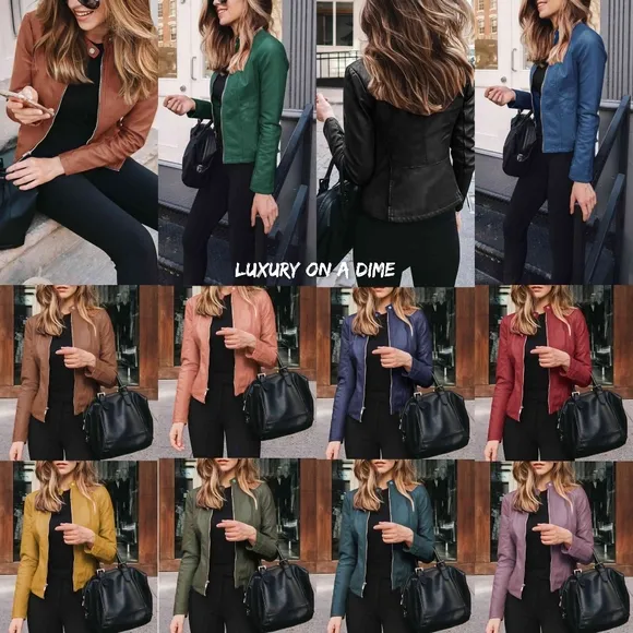 Chic Moto Vegan Leather Jacket Zip-up Sleek Snap Mock Neck Lightweight Camel