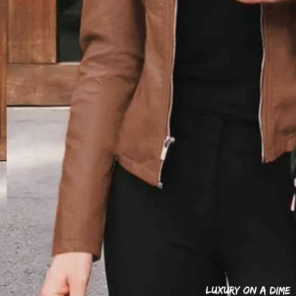 Chic Moto Vegan Leather Jacket Zip-up Sleek Snap Mock Neck Lightweight Camel