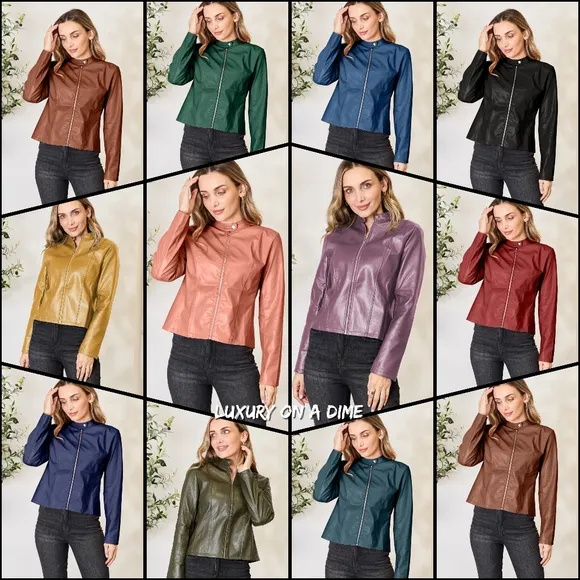 Chic Moto Vegan Leather Jacket Zip-up Sleek Snap Mock Neck Lightweight Camel