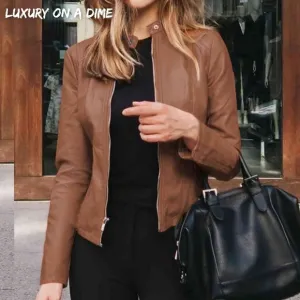 Chic Moto Vegan Leather Jacket Zip-up Sleek Snap Mock Neck Lightweight Camel