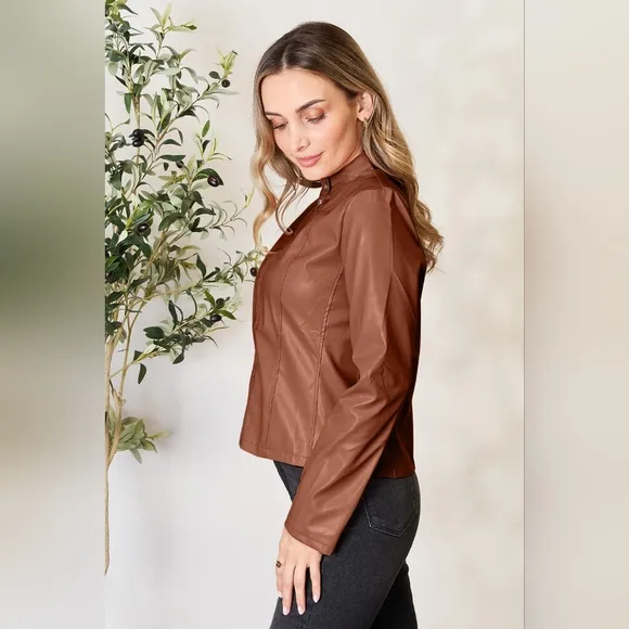 Chic Moto Vegan Leather Jacket Zip-up Sleek Snap Mock Neck Lightweight Camel